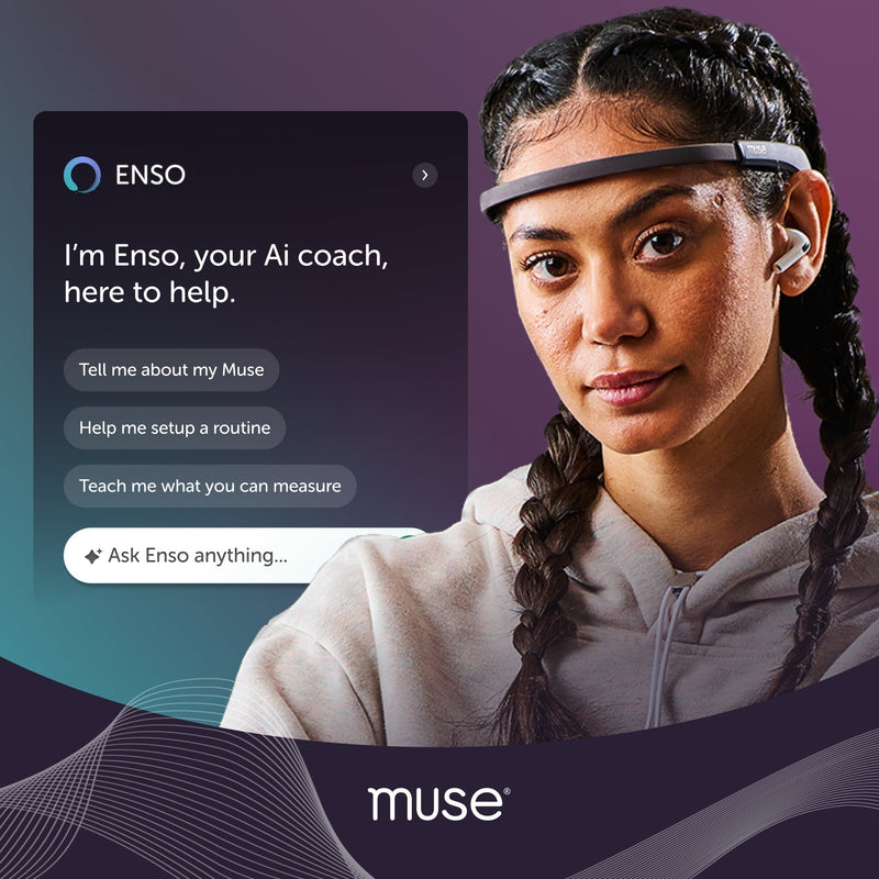 Woman wearing a Muse headband beside a panel that reads I’m Enso, your AI coach, here to help with example chat buttons