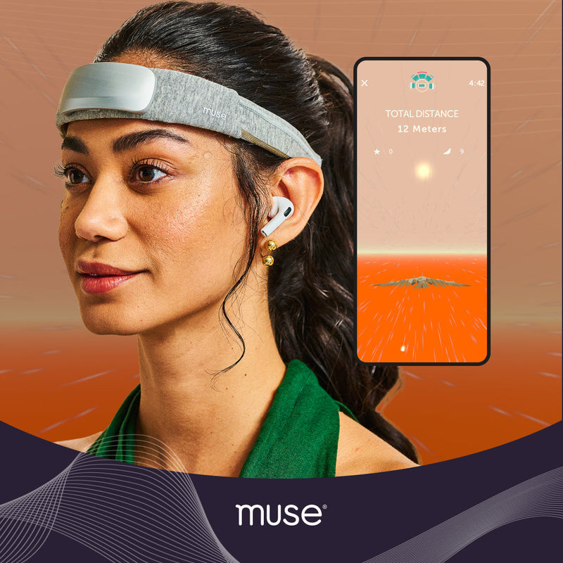 Young woman wearing a Muse headband and earbuds with a phone showing a game-like therapy app displaying TOTAL DISTANCE 12 Meters