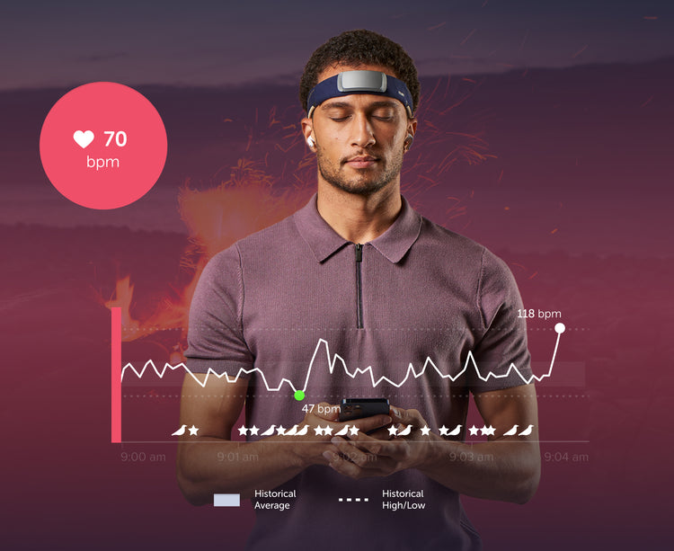App interface over a photo of a man wearing a Muse headband, looking relaxed. A graphic with a heart indicates 