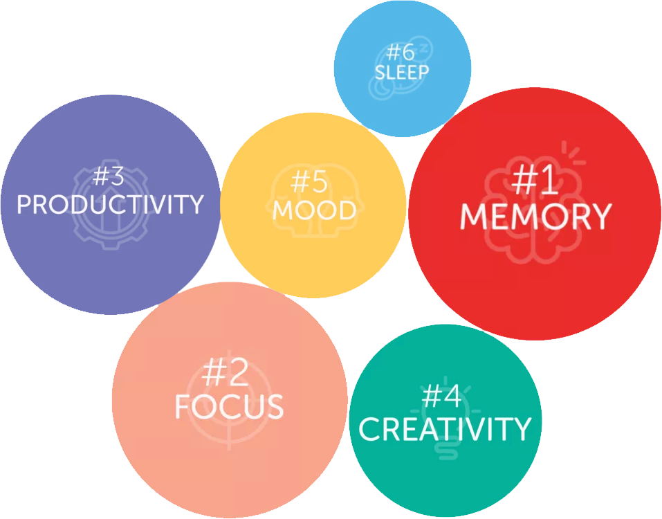 Graph showing self-reported scores for key areas of brain health. Memory and focus scored highest, while sleep and mood scored lowest. The order of scores was memory, focus, productivity, creativity, mood, and sleep.