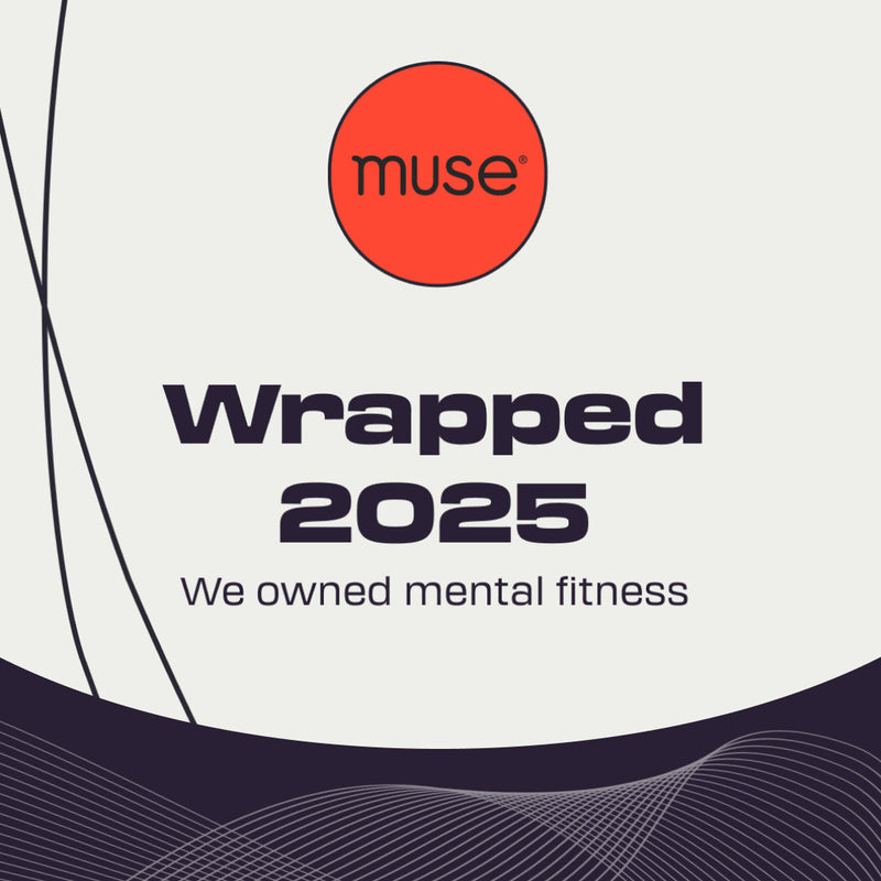 Promotional graphic showing Muse logo with headline “Wrapped 2025” and subheadline “We owned mental fitness” against a cream background with dark wave designs