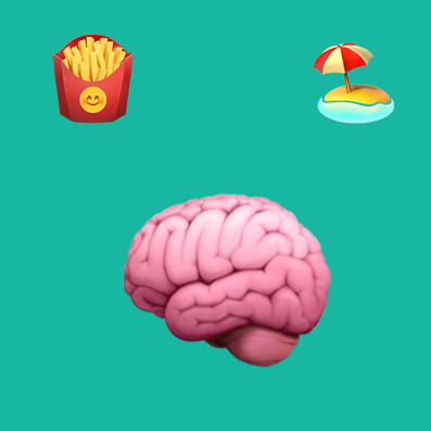 Pink brain centered on teal background with surrounding icons (fries, cash, beach umbrella, smartphone); muse logo