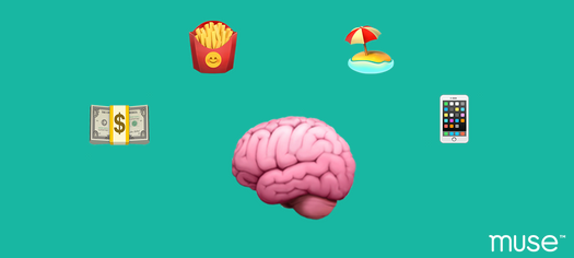 Pink brain centered on teal background with surrounding icons (fries, cash, beach umbrella, smartphone); muse logo