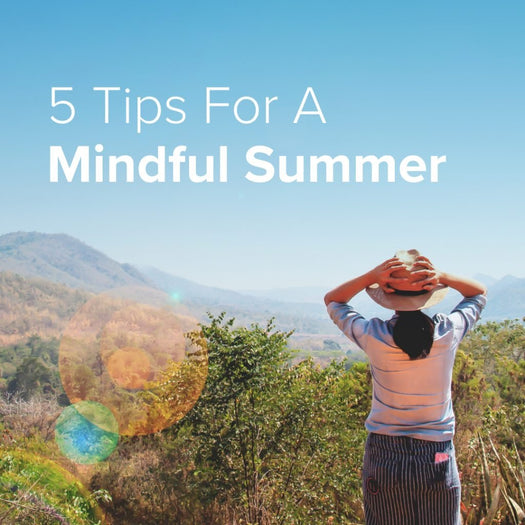 Person wearing a hat looks over sunlit hills and shrubs; text reads '5 Tips For A Mindful Summer'.