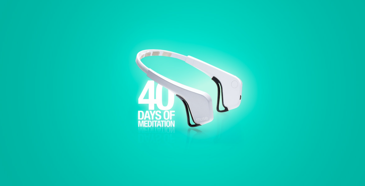 Angled view of white Muse EEG headband showcasing sensor arms and Muse logo with 40 Days of Meditation headline on teal gradient background