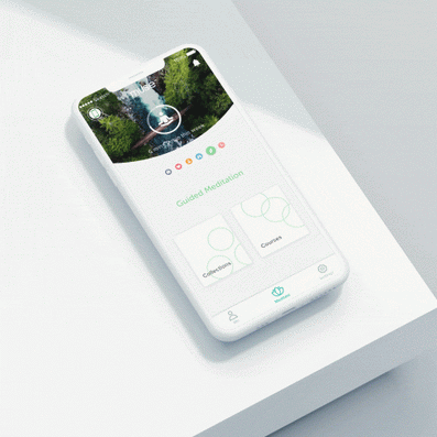 Smartphone showing Muse app screen with header 'muse', 'Guided Meditation', cards labeled 'Collections' and 'Courses'.