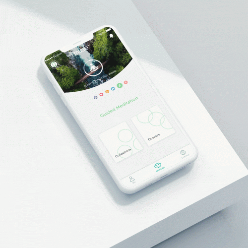 Smartphone showing Muse app screen with header 'muse', 'Guided Meditation', cards labeled 'Collections' and 'Courses'.