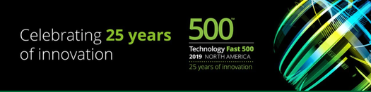 Celebrating 25 years of innovation — 500 Technology Fast 2019 NORTH AMERICA logo and colorful globe