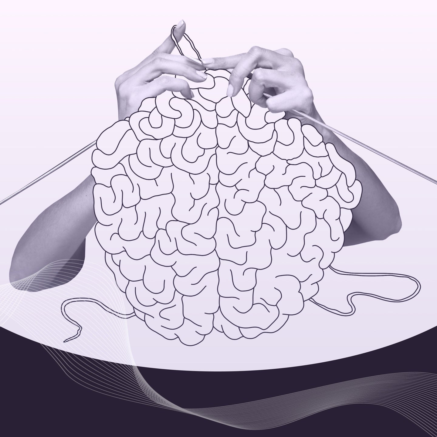Hands knitting a brain-shaped ball of yarn in purple tones