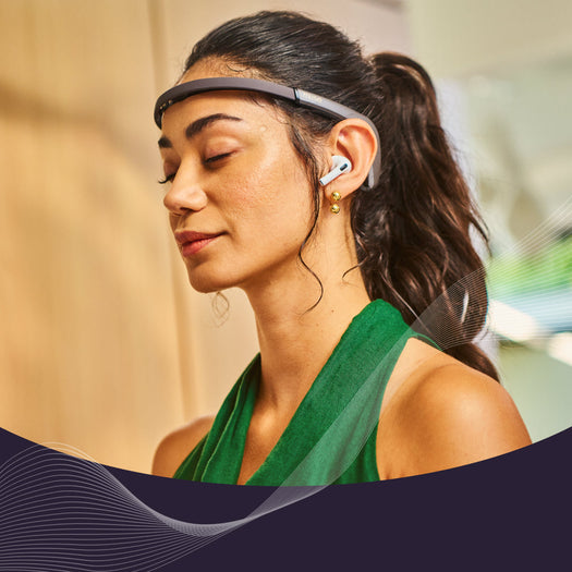 Woman meditating with EEG headband and earbuds, green top; overlay text 