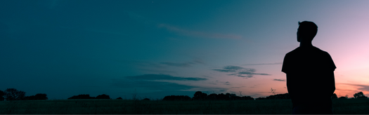 Silhouette of a person standing in a field at sunset under a wide colorful sky.