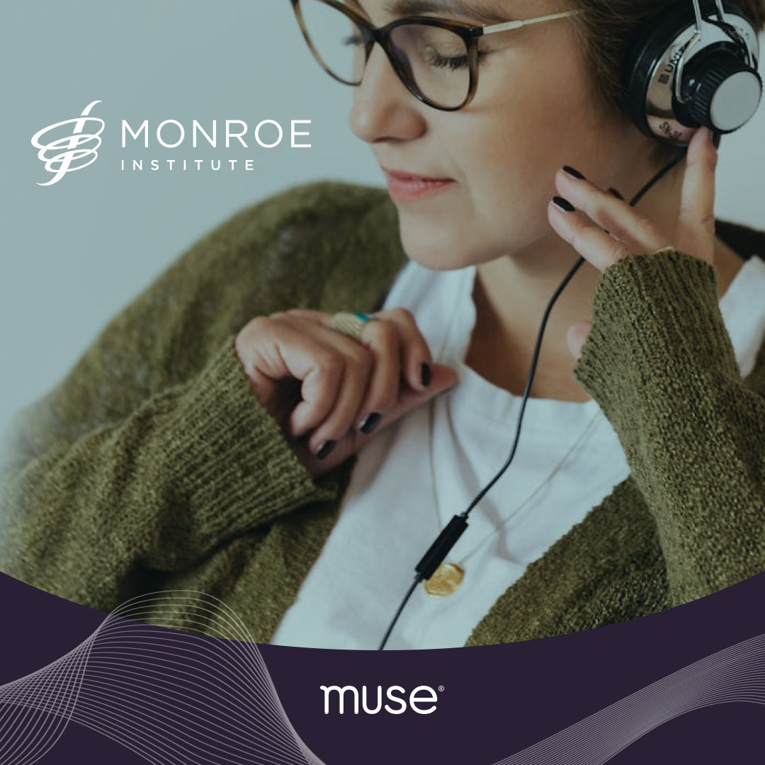 Close-up of a woman wearing headphones and adjusting an earpiece, Monroe Institute logo at top left and Muse logo on purple wave banner below