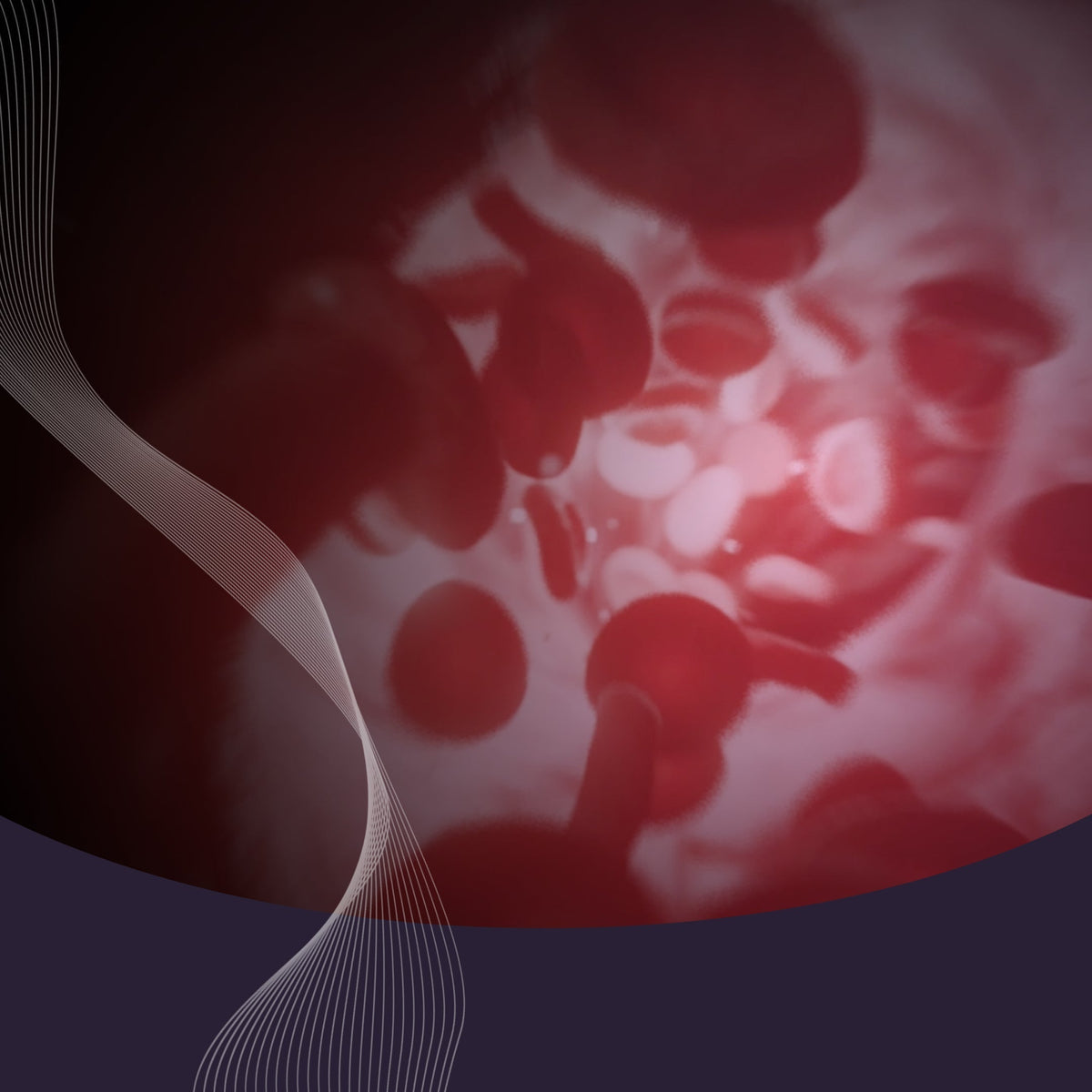 Close up stylized red blood cells flowing through a vessel representing brain oxygenation with white wave overlay on dark background