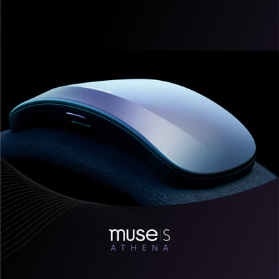 Close-up image of the Muse S: Athena headband, showcasing its sleek, curved design and glossy surface. The device appears modern and futuristic, resting on a soft fabric band, with the Muse S Athena logo below on a dark gradient background.