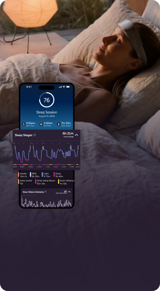 The Muse app sleep session screen with a 76 score and the night's stages, over a woman asleep in the Athena band