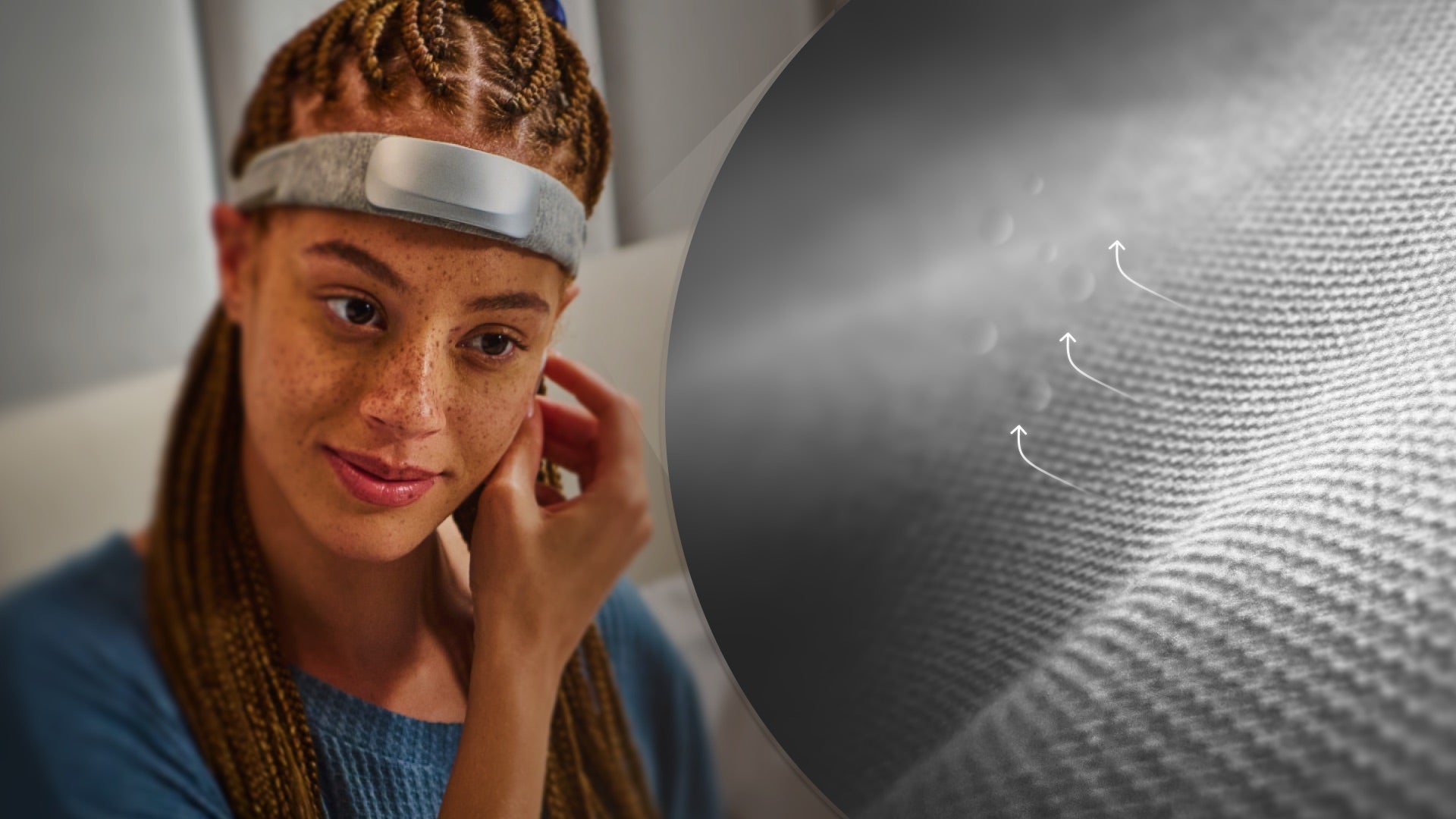 A woman wearing the soft Muse S Athena headband beside a close-up of its breathable knit fabric