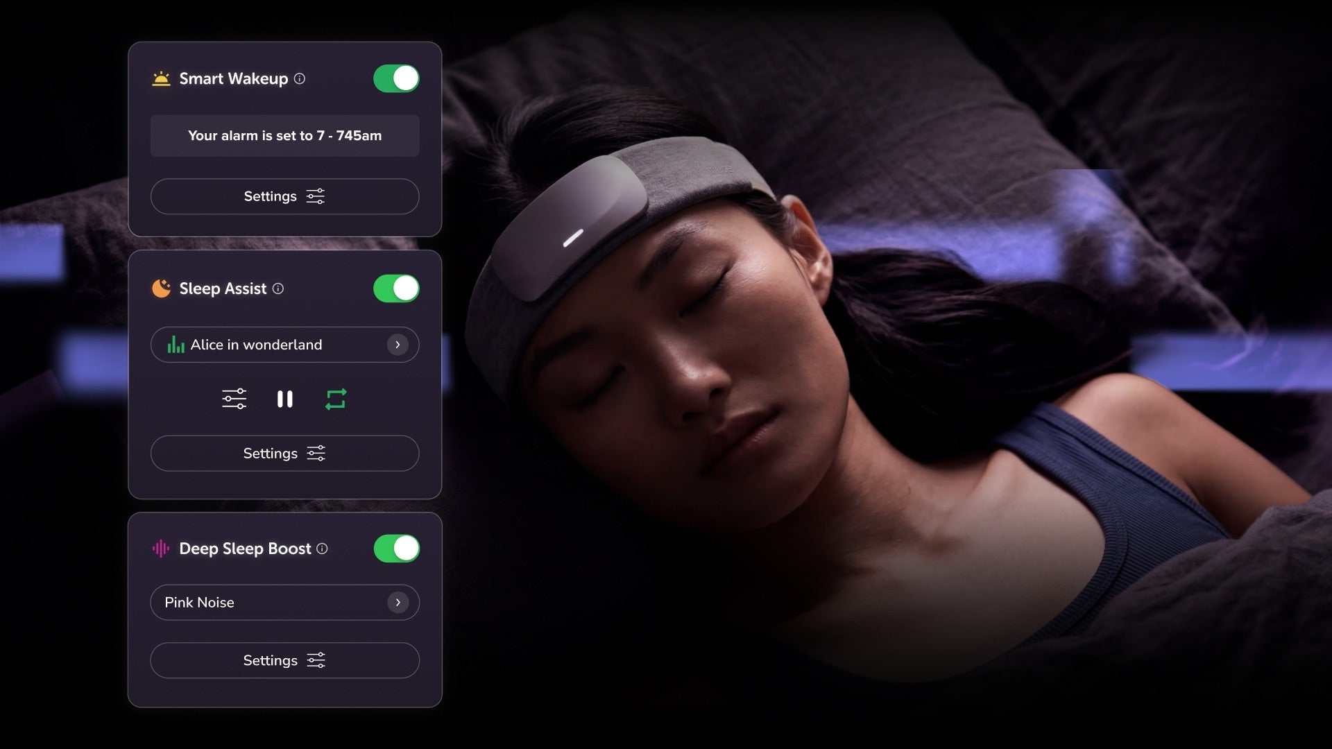 The Muse app with Smart Wakeup, Sleep Assist and Deep Sleep Boost toggles beside a woman asleep in the Athena band